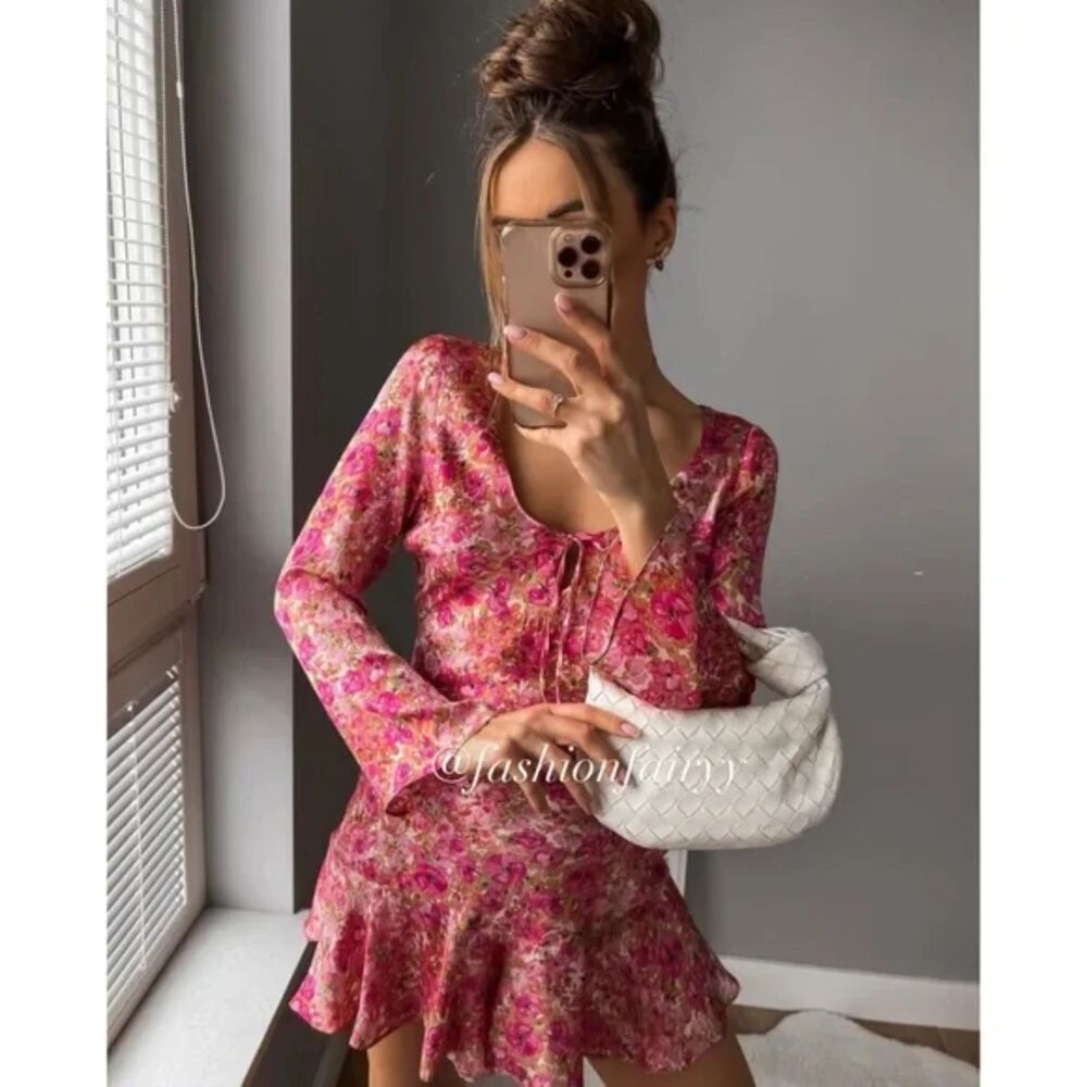 Zara Floral Print Mini Dress Women's L Pink Flounce Hem Lightweight Long Sleeve - Picture 9 of 10